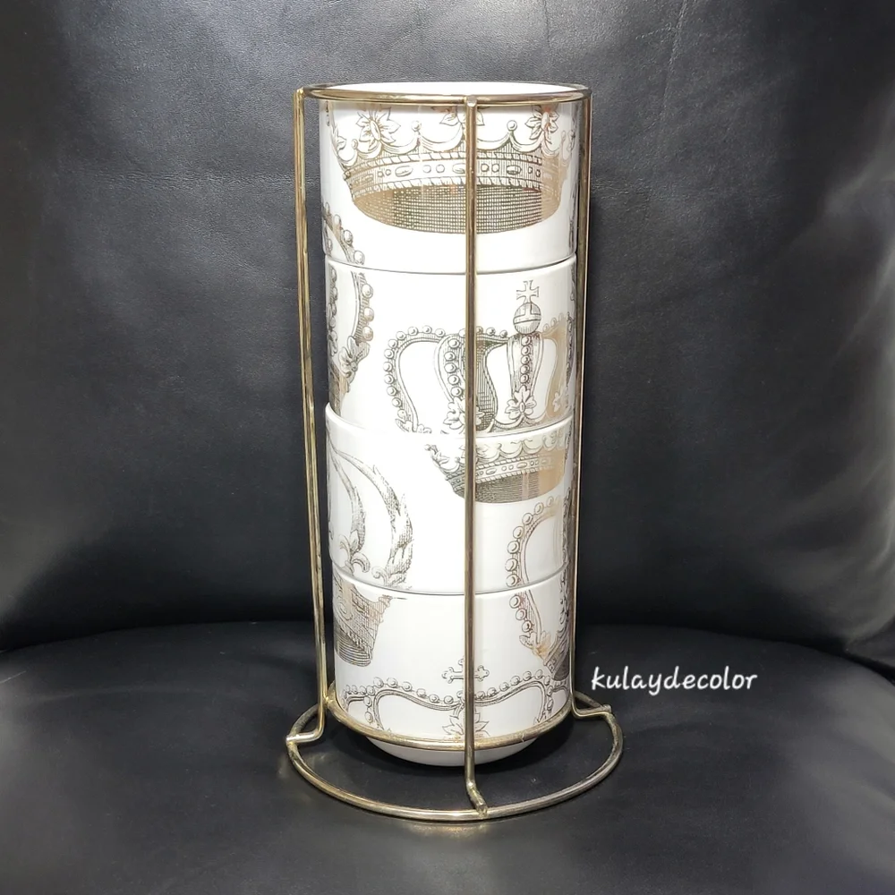 Pier 1 Imports Gold Crown Print Stacking Mugs Set w/ Gold Metal Rack Coffee Cups